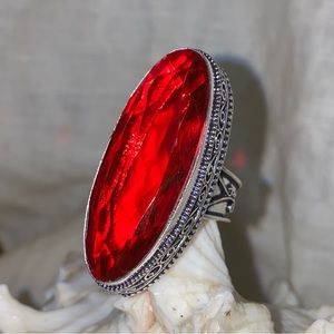 Sale * Madagascar Garnet Quartz Handcrafted statement elongated ring